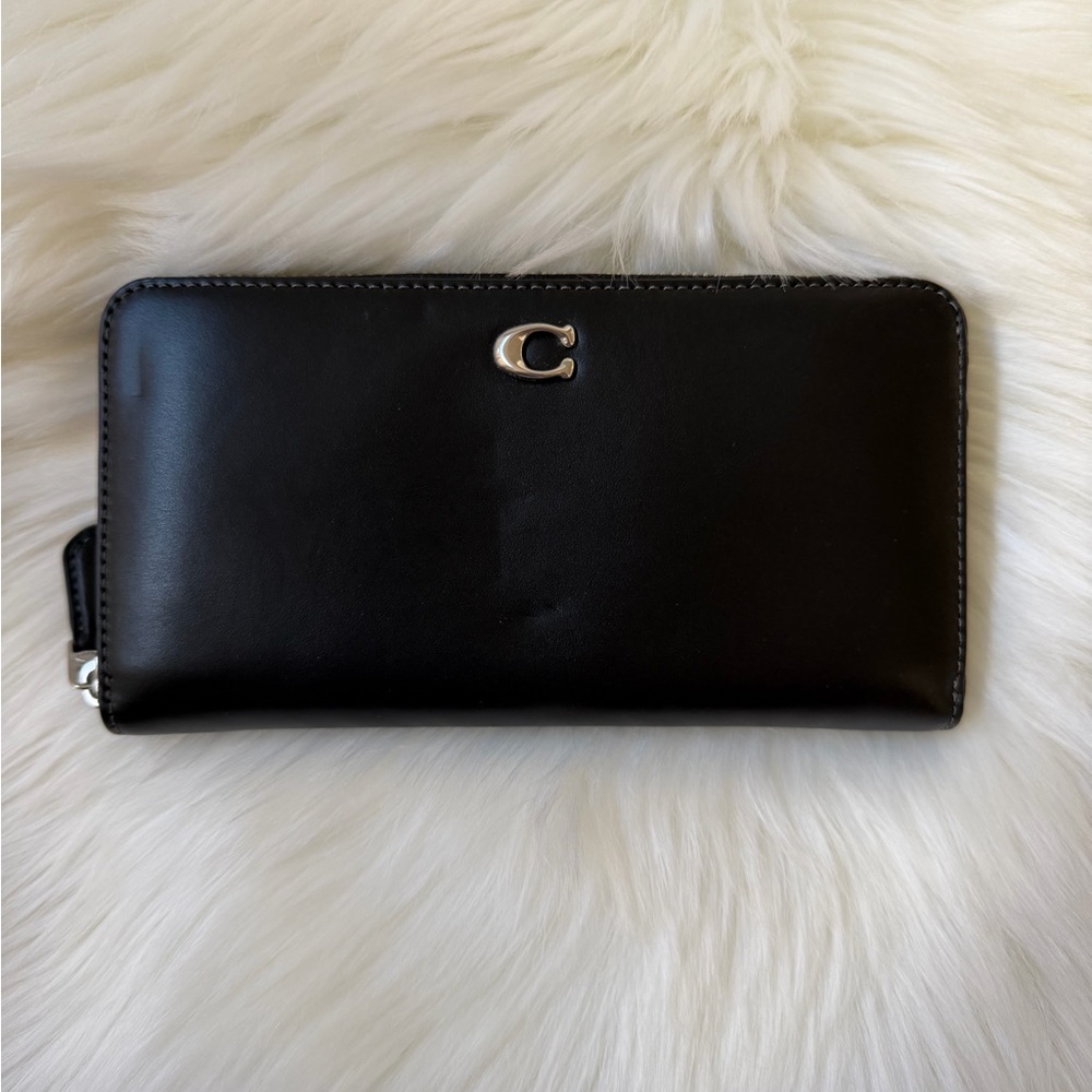 Coach Black Smooth Continental Zip Around Wallet with Silver Hardware